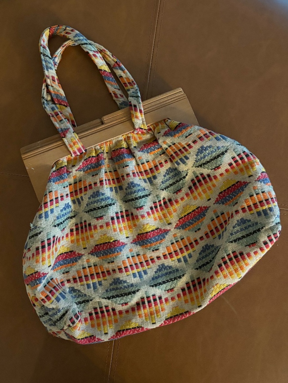 Wooden Tapestry Tote Bag Geometric multi-colored diamond design mid-century find